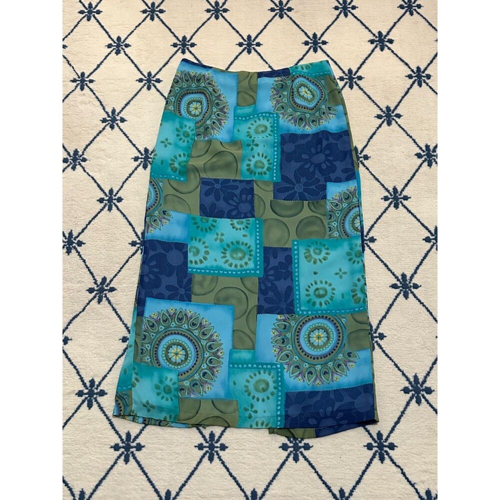 Vintage Y2K Clio Patchwork Split Hem Midi Skirt - Blue/Green
